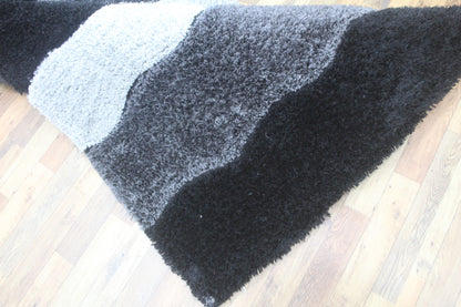 Luxury Modern Shaggy Area Rug with Black, Grey & Silver Wave Stripes – Soft Plush Carpet for Living Room & Bedroom