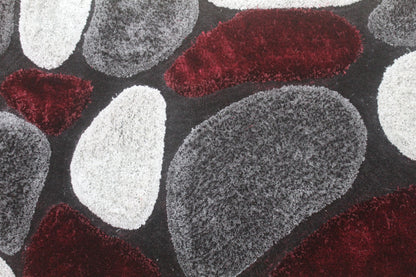 Abstract Pebble Design Shag Rug – Burgundy, Gray & Black Modern Area Carpet