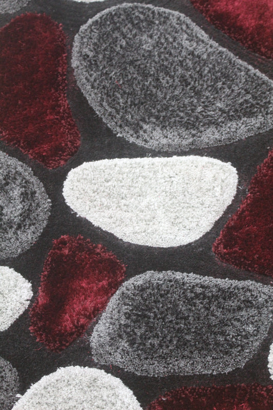 Abstract Pebble Design Shag Rug – Burgundy, Gray & Black Modern Area Carpet