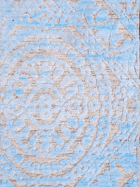 LIGHT BLUE FLOWER PATTER HIGH LOW HAND KNOTTED 2X4 WOOL AREA RUG