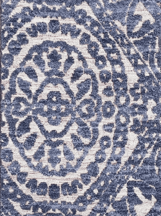 BLUE AND IVORY FLOWER PATTER HIGH LOW HAND KNOTTED 2X4 WOOL AREA RUG