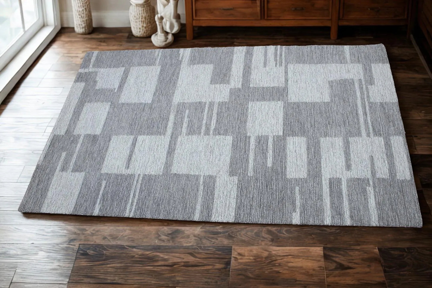 Modern Geometric Area Rug 5X8 Minimalist Grey And White Carpet For Living Room , Bedroom Or Office Decor
