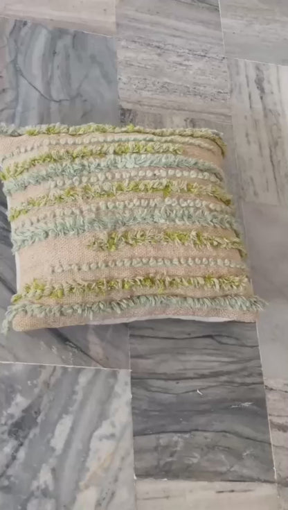 JUTE CUSHION COVER WITH CUSHION HAVING GREEN AND LIGHT BLUE LINE